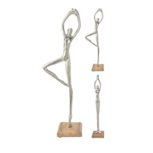 Metalowa statuetka na drewnianej podstawie – nowoczesna ozdoba do wnętrz 48 cm srebrna