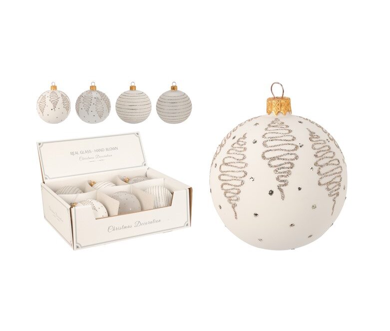 Kremowa szklana bombka ze złotym brokatem elegancka ozdoba choinkowa 10 cm