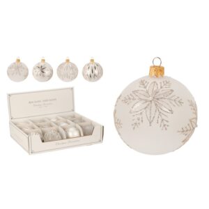 Kremowa szklana bombka choinkowa ozdoba świąteczna złote brokatowe wzory 8 cm