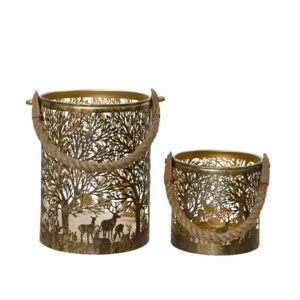 Złota ażurowa latarnia metalowa z jeleniem dekoracja LED świąteczna 12 cm