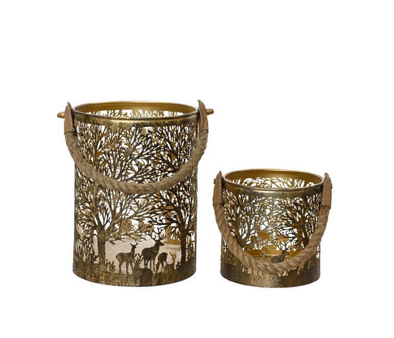 Złota ażurowa latarnia metalowa z jeleniem dekoracja LED świąteczna 12 cm