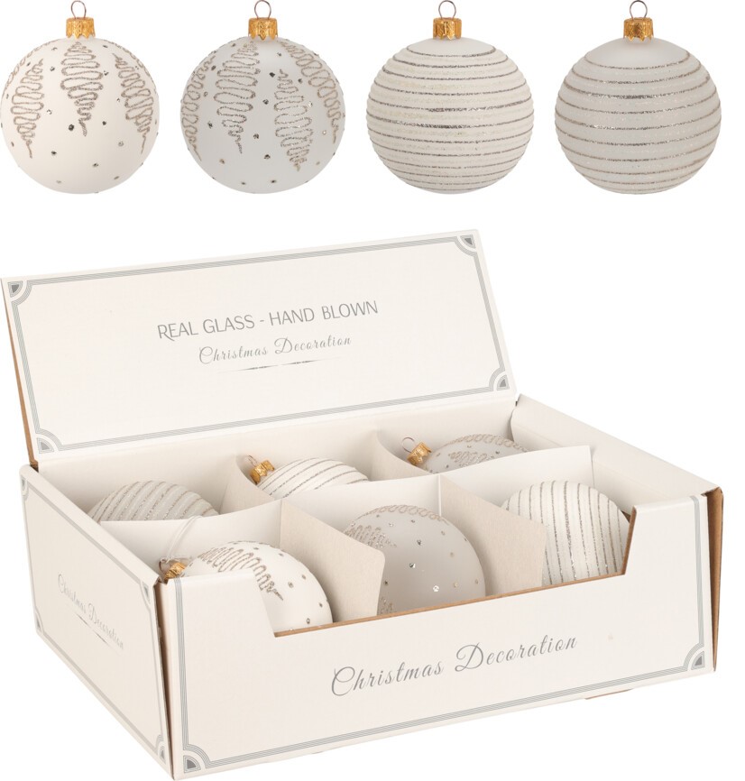 Kremowa szklana bombka ze złotym brokatem elegancka ozdoba choinkowa 10 cm