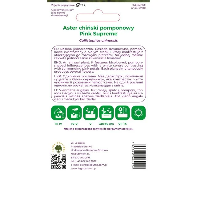 Aster chiński pomponowy Pink Supreme różowy 1g Legutko