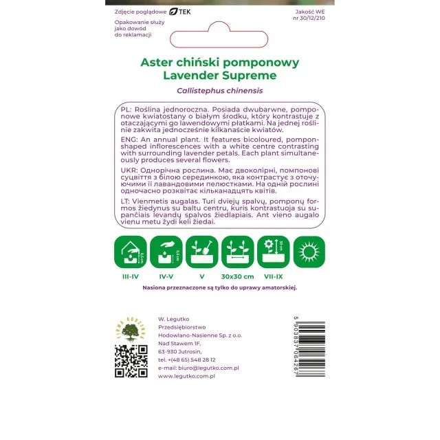 Aster chiński pomponowy Lavender Supreme lawendowy 1g Legutko
