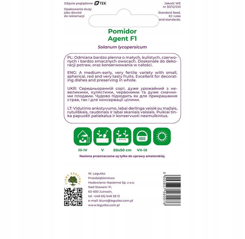 Nasiona Pomidor czerwony gruntowy tyczny Agent F1 0,20 g Legutko