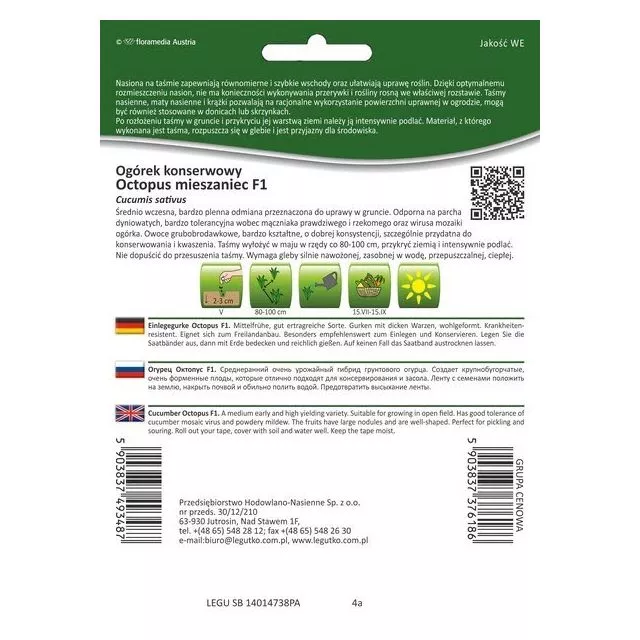 Ogórek konserowowy Octopus F1 nasiona na taśmie 5 m