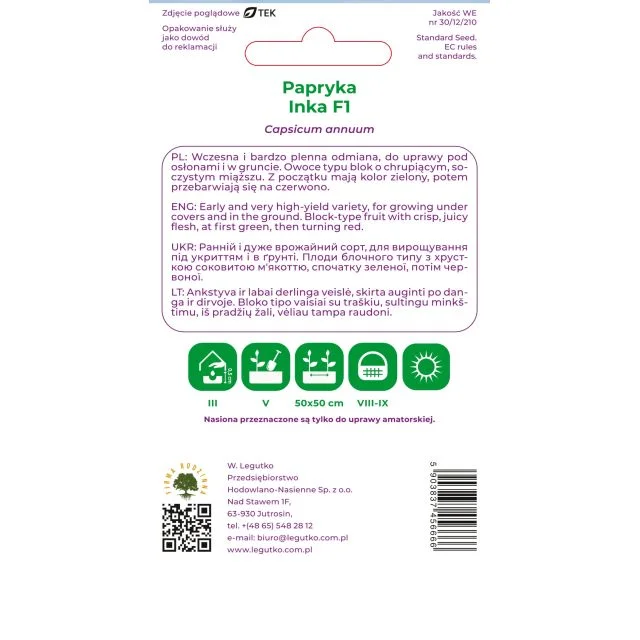 Nasiona Papryka INKA F1 słodka czerwona wczesna plenna 0,5g Legutko