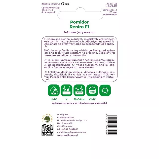 Nasiona Pomidor czerwony gruntowy karłowy Reniro F1 0,50 g