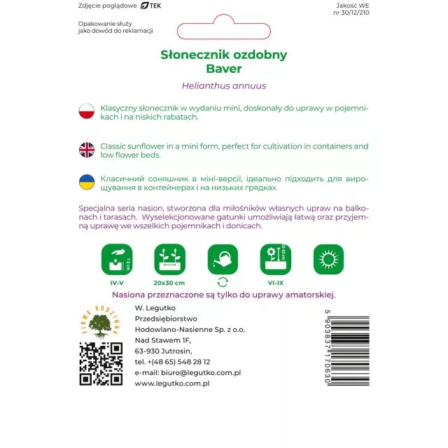 Słonecznik Baver żółty z ciemnym środkiem 2g W.Legutko